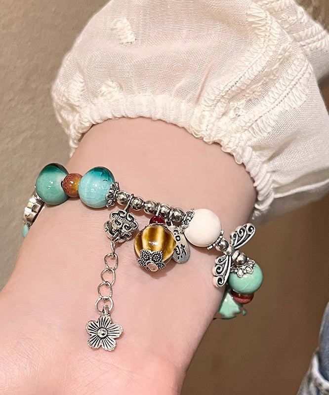 Vintage Silk Sterling Silver Jade Ceramics Beads Charm Bracelet
