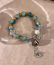 Vintage Silk Sterling Silver Jade Ceramics Beads Charm Bracelet