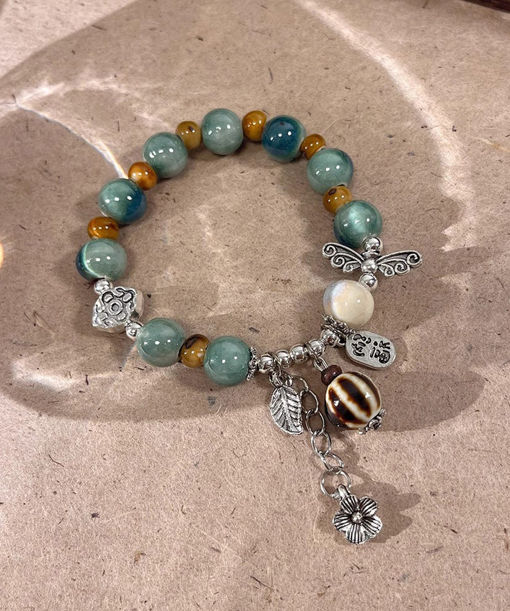 Vintage Silk Sterling Silver Jade Ceramics Beads Charm Bracelet