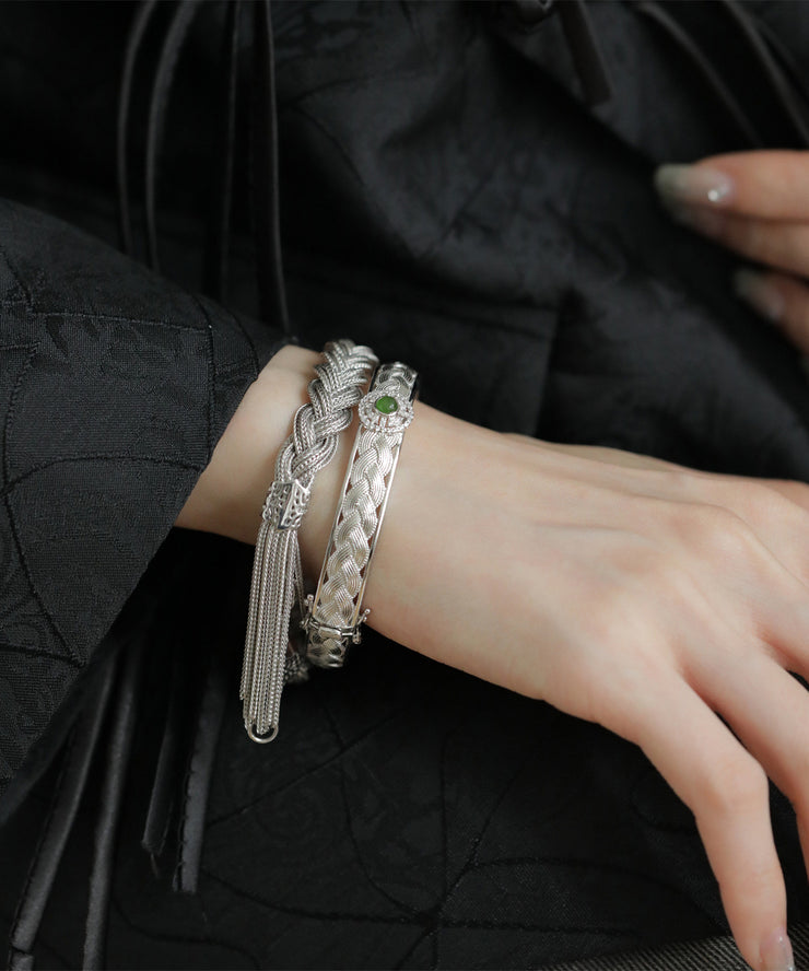 Vintage Silk Sterling Silver Weave Jade Lace Bangle