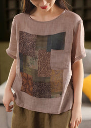 Vintage Skin Pink O Neck Print Pockets Linen T Shirts Summe