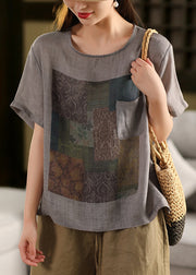 Vintage Skin Pink O Neck Print Pockets Linen T Shirts Summe