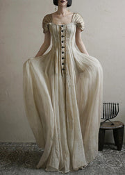 Vintage Square Collar Button Long Dress Summer