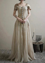 Vintage Square Collar Button Long Dress Summer