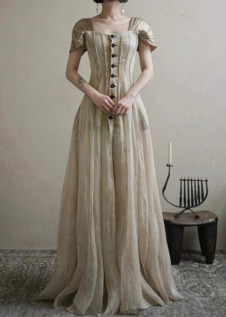 Vintage Square Collar Button Long Dress Summer