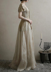 Vintage Square Collar Button Long Dress Summer
