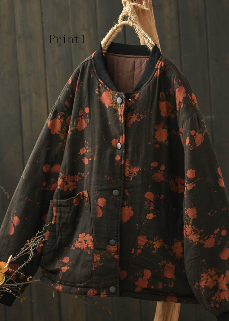 Vintage Stand Collar Pockets Print Fine Cotton Filled Coat Spring
