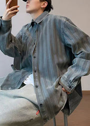 Vintage Striped Peter Pan Collar Button Denim Men Shirts Spring
