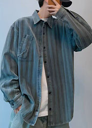 Vintage Striped Peter Pan Collar Button Denim Men Shirts Spring