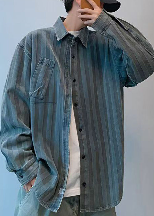 Vintage Striped Peter Pan Collar Button Denim Men Shirts Spring