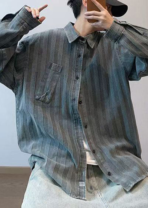 Vintage Striped Peter Pan Collar Button Denim Men Shirts Spring
