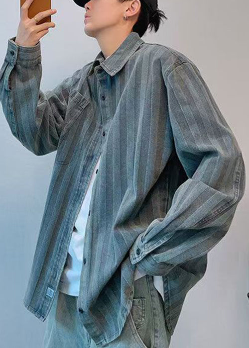 Vintage Striped Peter Pan Collar Button Denim Men Shirts Spring