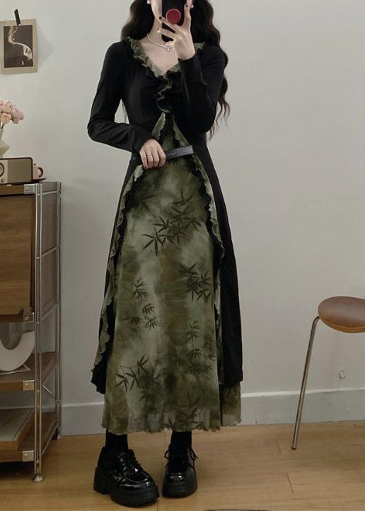 Vintage Tea Green Ruffled Patchwork Bamboo Print Cotton Dress Fall