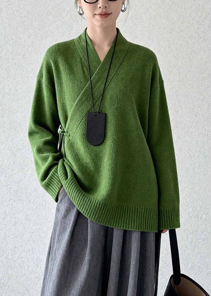 Vintage Tea Green Tie Waist Knit Sweaters Winter