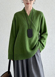 Vintage Tea Green Tie Waist Knit Sweaters Winter