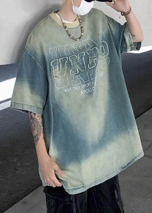 Vintage Tie Dye Letter Denim Men T Shirt Summer