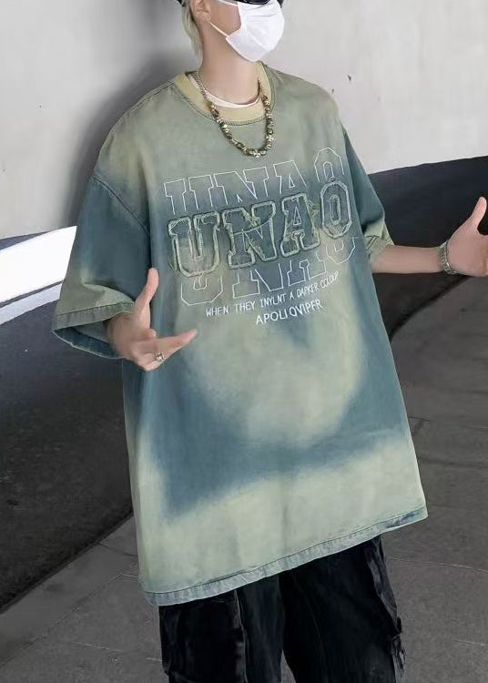 Vintage Tie Dye Letter Denim Men T Shirt Summer