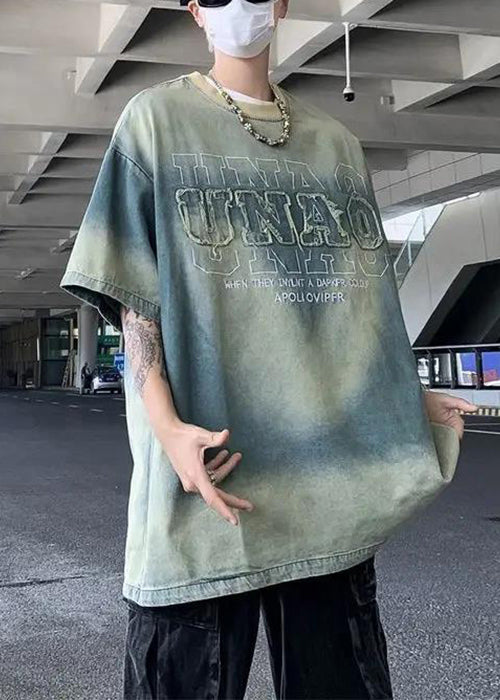 Vintage Tie Dye Letter Denim Men T Shirt Summer