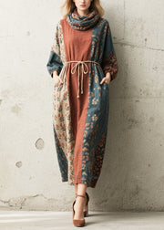 Vintage Tie Waist Print Cotton Vacation Dress Fall