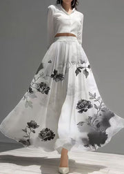 Vintage White Print Draping Chiffon A Line Skirts Summer