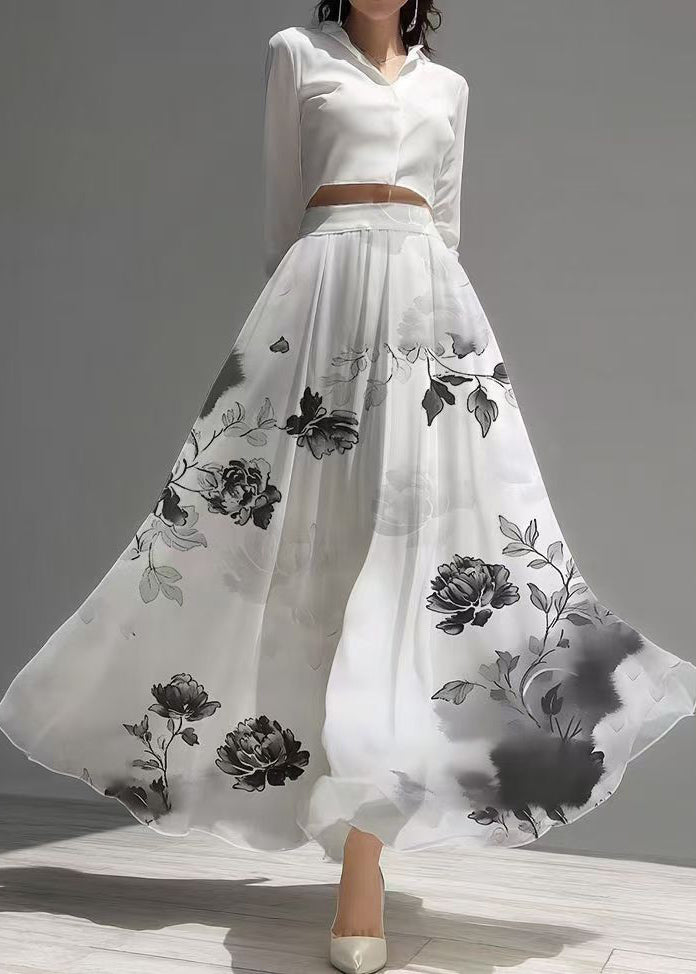 Vintage White Print Draping Chiffon A Line Skirts Summer