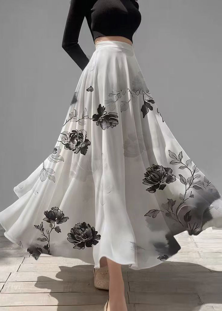 Vintage White Print Draping Chiffon A Line Skirts Summer