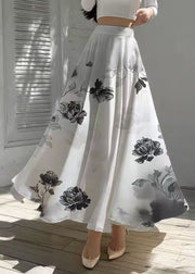 Vintage White Print Draping Chiffon A Line Skirts Summer