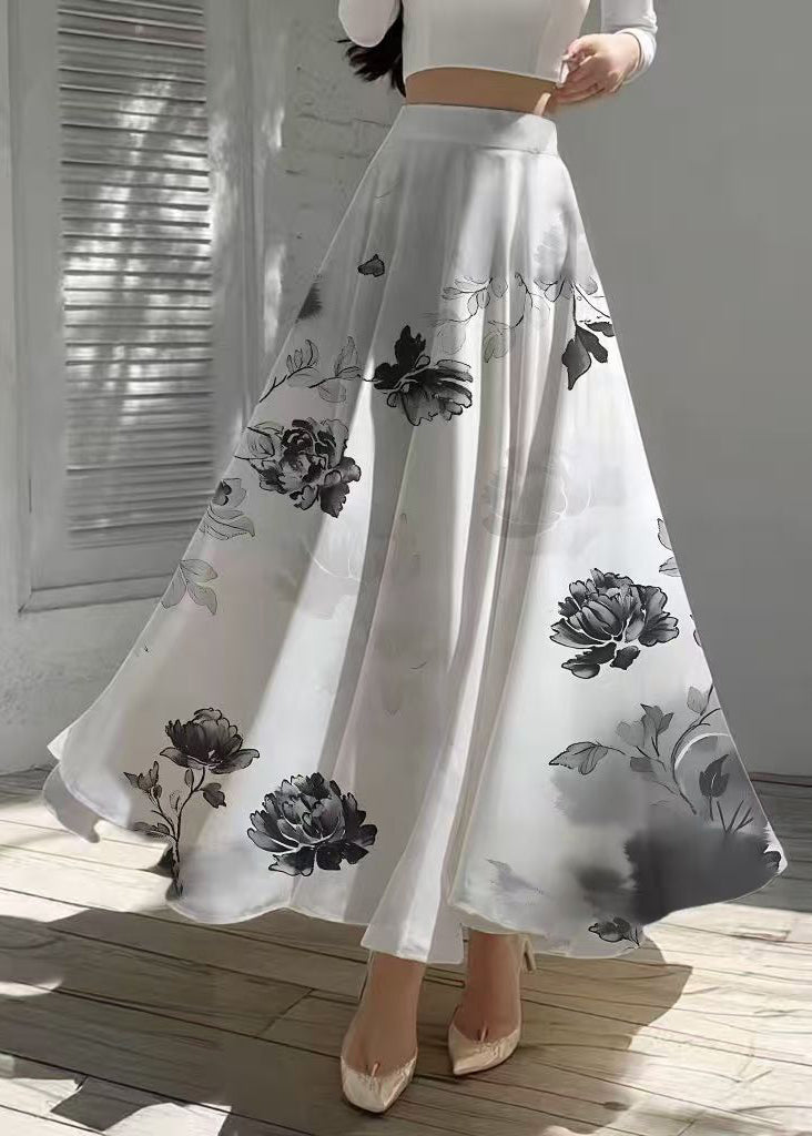 Vintage White Print Draping Chiffon A Line Skirts Summer