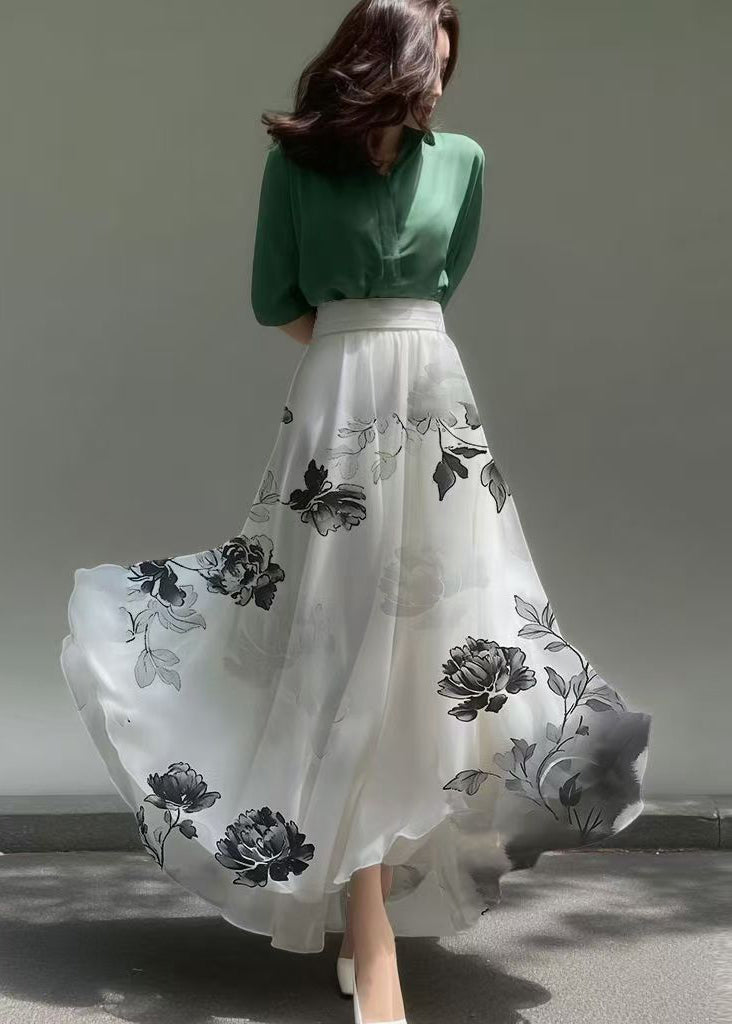Vintage White Print Draping Chiffon A Line Skirts Summer