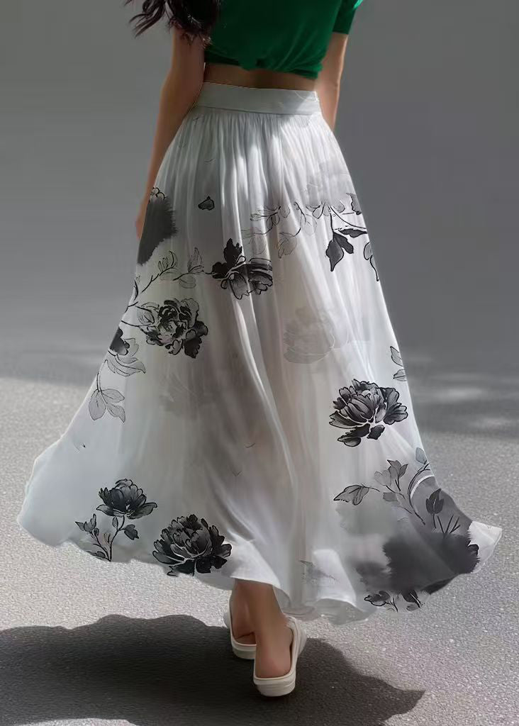 Vintage White Print Draping Chiffon A Line Skirts Summer