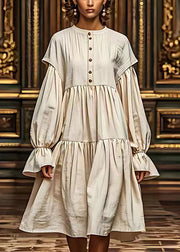 Vintage White Puff Sleeve Linen Long Dresses Summer