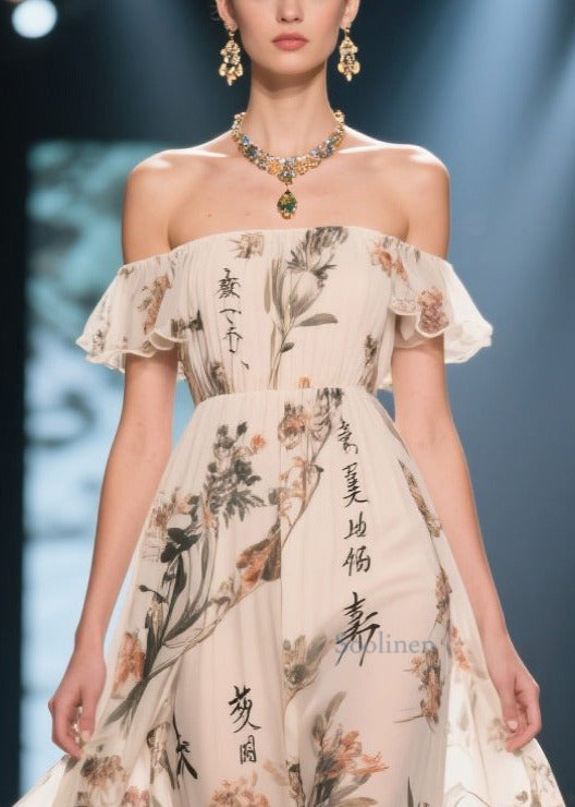 Vintage White Ruffled Print Chiffon Strapless Dress Summer