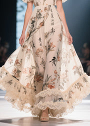 Vintage White Ruffled Print Chiffon Strapless Dress Summer