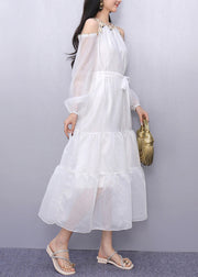 Vintage White Sequins Cold Shoulder Holiday Dress Summer