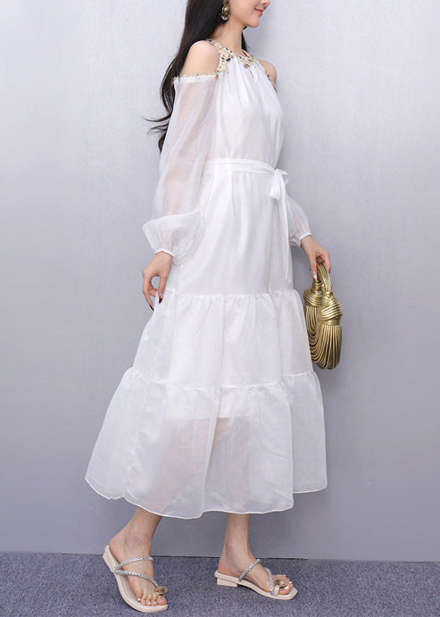 Vintage White Sequins Cold Shoulder Holiday Dress Summer