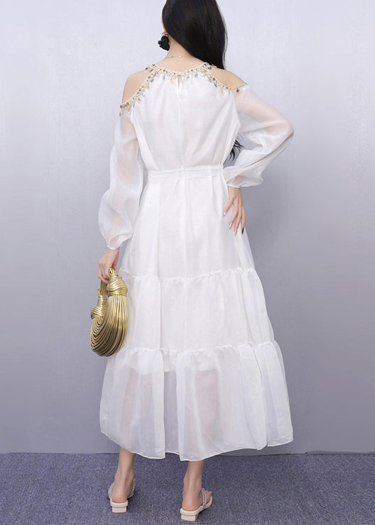 Vintage White Sequins Cold Shoulder Holiday Dress Summer
