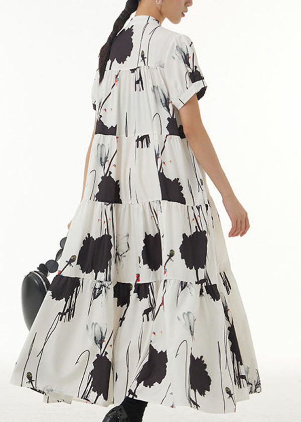 Vintage White Stand Collar Wrinkled Print Chiffon Dresses Summer