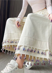 Vintage White Tasseled Patchwork Cotton Crop Pants Fall