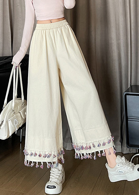 Vintage White Tasseled Patchwork Cotton Crop Pants Fall