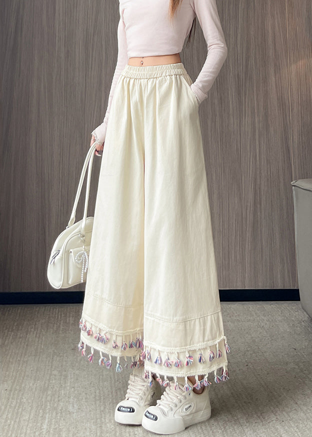 Vintage White Tasseled Patchwork Cotton Crop Pants Fall