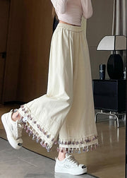 Vintage White Tasseled Patchwork Cotton Crop Pants Fall
