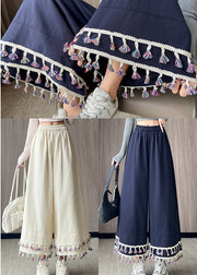 Vintage White Tasseled Patchwork Cotton Crop Pants Fall