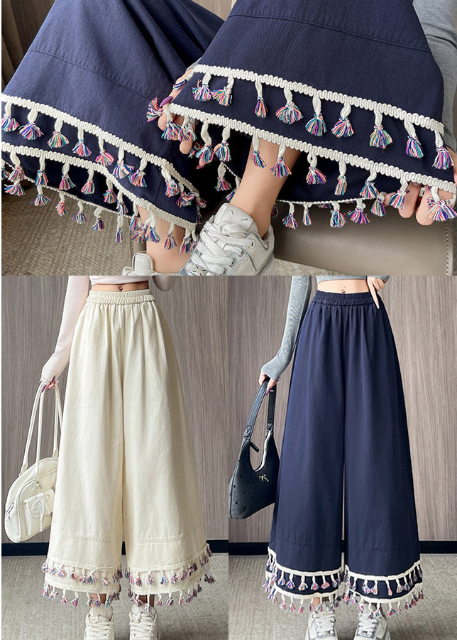 Vintage White Tasseled Patchwork Cotton Crop Pants Fall