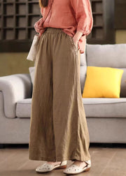 Vintage Yellow Embroidered Linen Wide Leg Pants Summer