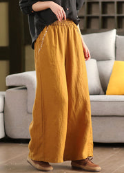Vintage Yellow Embroidered Linen Wide Leg Pants Summer