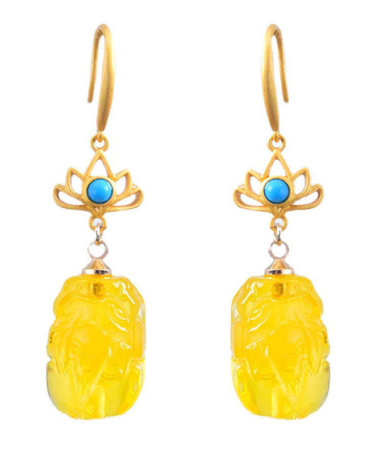 Vintage Yellow Overgild Beeswax Abver A Mythical Wild Animal Drop Earrings