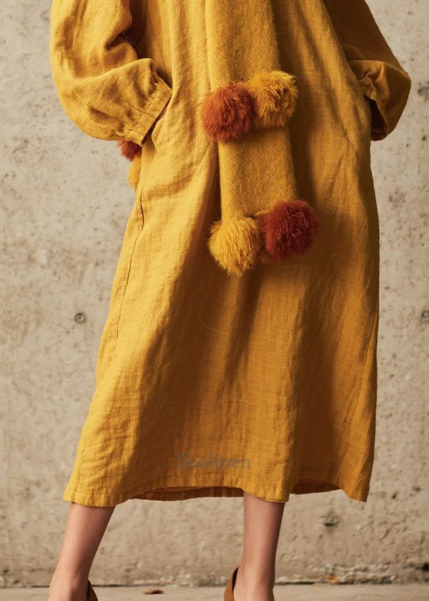 Vintage Yellow Oversized Cotton Ankle Dress Fall