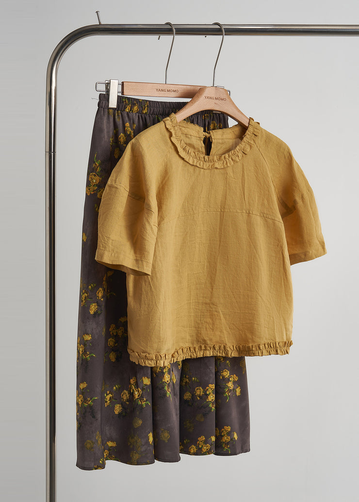 Vintage Yellow Ruffled Print ChiffonCotton Two Pieces Set Summer