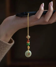 Vintage Yellow Silver Overgild Jade Turquoise Lotus Four-Leaf Clover Phone Chains