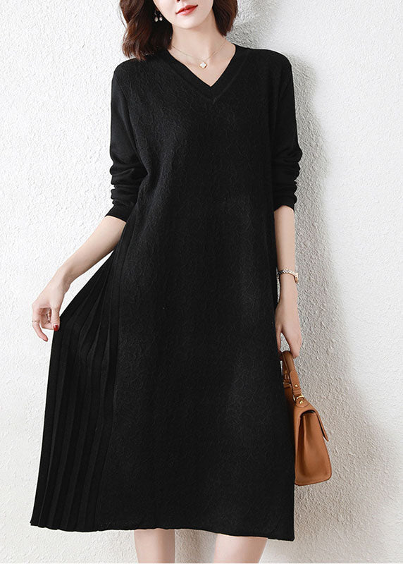 Women Yellow O-Neck Patchwork Knit long Dresses Long Sleeve main image 0